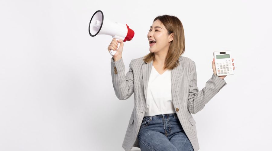 Asian woman with megaphone and calculator